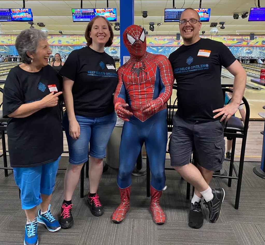 Left to Right:    KDS volunteer Lois, KDS founder Amanda, Delco Spiderman, KDS President Scott